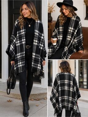 Martha Stewart Black White Plaid Ruana Poncho Fringe Open Front One Size